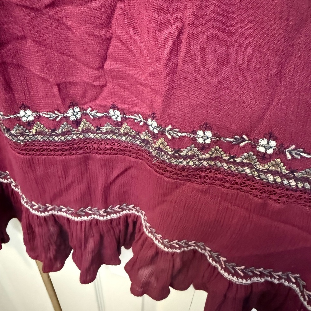 Free People Burgundy Embroidered Boho Dress Size Large - Picture 4 of 12